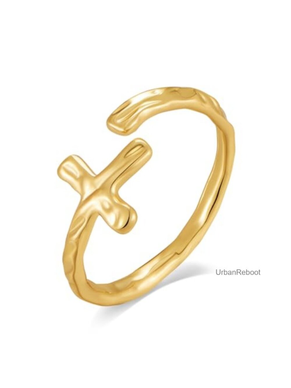 14K Gold Plated Cross Ring for Women Hammered Open Adjustable Stacking Ring